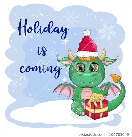 Cute cartoon green dragon in santa hat. 2024 new year, chinese calendar 106785649