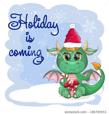 Cute cartoon green dragon in santa hat. 2024 new year, chinese calendar 106785651