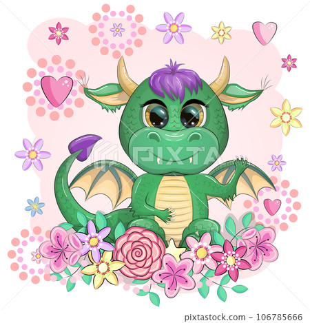 Cute cartoon green baby dragon with horns and wings. Symbol of 2024 according to the Chinese calendar. Funny mythical monster reptile 106785666
