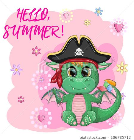Cute cartoon green dragon pirate in a cocked hat. Symbol of 2024 according to the Chinese calendar Cute cartoon green dragon pirate in a cocked hat. Symbol of 2024 according to the Chinese calendar 106785712