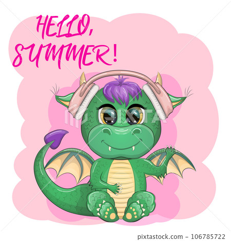 Cute cartoon green dragon in headphones listens to music. Symbol of 2024 according to the Chinese calendar. 106785722