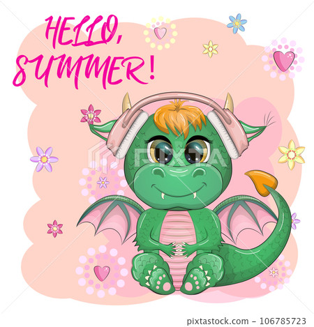 Cute cartoon green dragon in headphones listens to music. Symbol of 2024 according to the Chinese calendar. Cute cartoon green dragon in headphones listens to music. Symbol of 2024 according to the Chinese calendar. 106785723