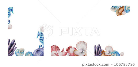Watercolor set of postcards with sea horse. Hand painting clipart underwater life objects on a white isolated background. For designers, decoration, postcards, wrapping paper, scrapbooking, covers, Watercolor set of postcards with sea horse. Hand painting clipart underwater life objects on a white isolated background. For designers, decoration, postcards, wrapping paper, scrapbooking, covers, 106785756