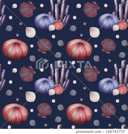 Watercolor seamless pattern with corals, urchin, shells and pearls. Hand painting clipart underwater life objects on a white isolated background. For designers, decoration, postcards, wrapping paper, Watercolor seamless pattern with corals, urchin, shells and pearls. Hand painting clipart underwater life objects on a white isolated background. For designers, decoration, postcards, wrapping paper, 106785757
