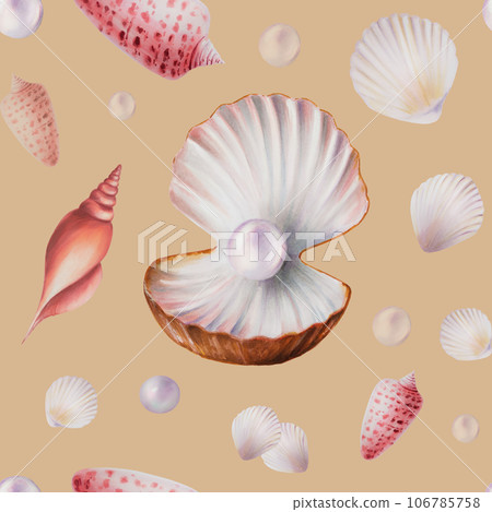 Watercolor seamless pattern with shells and pearls. Hand painting clipart underwater life objects on a white isolated background. For designers, decoration, postcards, wrapping paper, scrapbooking, Watercolor seamless pattern with shells and pearls. Hand painting clipart underwater life objects on a white isolated background. For designers, decoration, postcards, wrapping paper, scrapbooking, 106785758