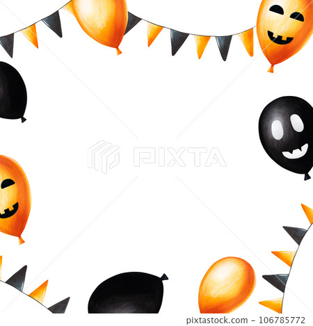 Watercolor Halloween balloons illustration with scary faces and festive flags. Hand painting orange, black, white balloon sketch isolated on white background. For designers, decoration, shop, for 106785772