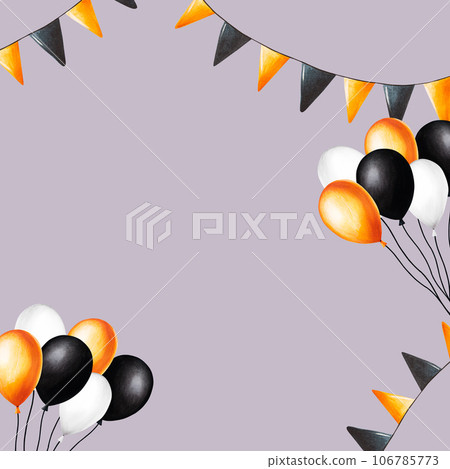 Watercolor frame with festive flags and bunch of balls for halloween illustration. Hand painting postcard isolated on white background. For designers, decoration, shop, for postcards, wrapping paper, 106785773