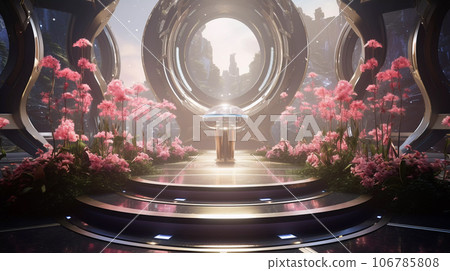 Colorful Futuristic Cylinder Scene with Flowers 106785808
