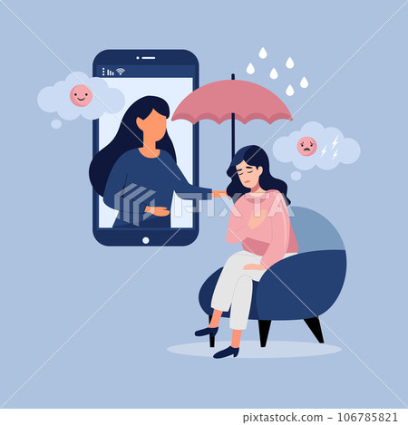 Psychologist counseling sad upset woman, holding umbrella to protect old man from rain in video call 106785821