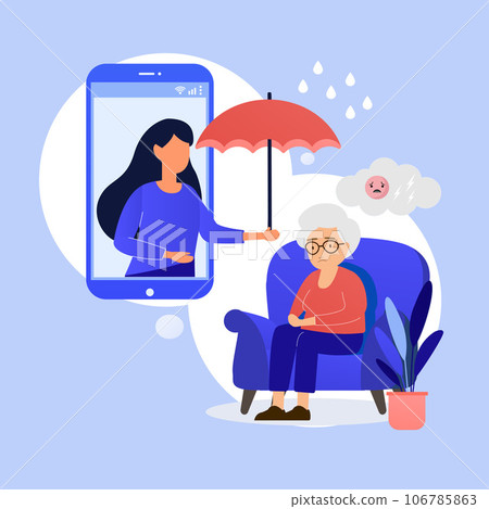 Female psychologist counseling sad upset old man, holding umbrella to protect old man from rain in video call 106785863