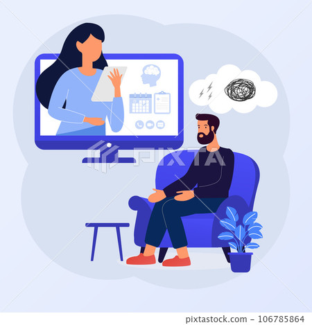 Online Psycholotherapy concept. Sad man talking with psychologist on the chair. Vector flat style illustration Online Psycholotherapy concept. Sad man talking with psychologist on the chair. Vector flat style illustration 106785864