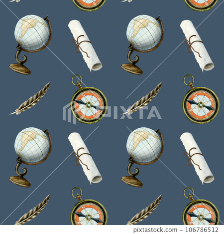 Navy blue globe, compass, paper scroll feather watercolor seamless pattern for adventure, vacation and geography designs Navy blue globe, compass, paper scroll feather watercolor seamless pattern for adventure, vacation and geography designs 106786512