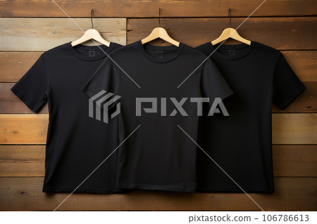3 black t shirts on wood background. Generative ai. 3 black t shirts on wood background. Generative ai. 106786613