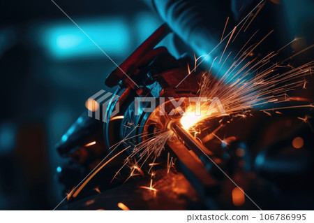 A macro close up of a gas arc welder with sparks of light flying in the air. Generative AI A macro close up of a gas arc welder with sparks of light flying in the air. Generative AI 106786995