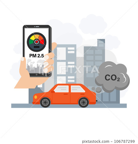 PM2.5 air pollution alert meter on smartphone application in flat design vector illustration. PM2.5 air pollution alert meter on smartphone application in flat design vector illustration. 106787299