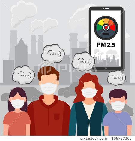 PM2.5 air pollution alert meter on smartphone. People wearing protective face masks protect smoke on background. PM2.5 air pollution alert meter on smartphone. People wearing protective face masks protect smoke on background. 106787303