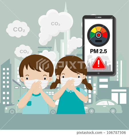 Kids wearing face mask against smog, dust, pm2.5 air pollution in the city cartoon illustration. Kids wearing face mask against smog, dust, pm2.5 air pollution in the city cartoon illustration. 106787306