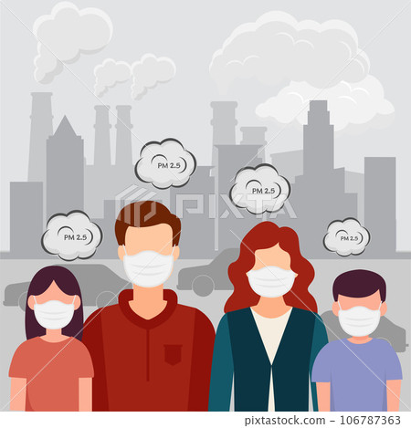 Family wearing face masks  protect smoke, dust and air pollution in city, factory pipes and industrial smog vector illustration. 106787363