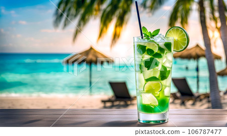Refreshing Caribbean cocktail, expertly chilled, resides within a glass 106787477