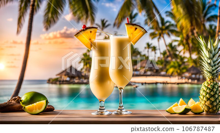 Refreshing Caribbean cocktail, expertly chilled, resides within a glass 106787487