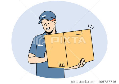 Smiling deliveryman with box in hands 106787716