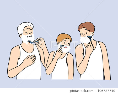 Men different generations shave together, demonstrating continuity of father and son with grandson 106787740