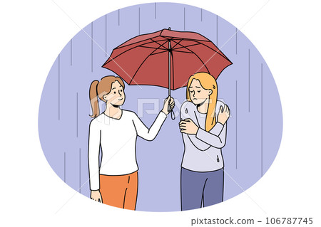 Caring woman share umbrella with friend 106787745