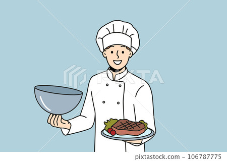 Man chef holds tray with beef steak and vegetables, inviting you to visit restaurant 106787775