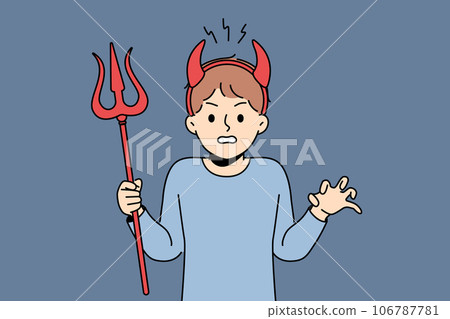 Little bully boy with devil horns makes evil grimace and terrorizes teachers at school Little bully boy with devil horns makes evil grimace and terrorizes teachers at school 106787781