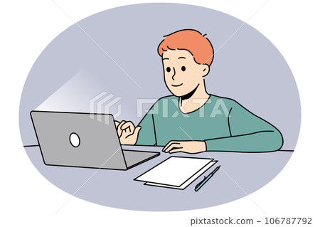 Happy boy study online on laptop 106787792