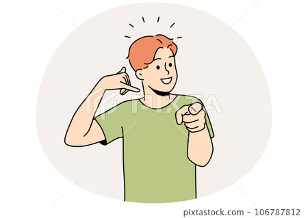 Smiling guy make callback gesture Smiling guy make callback gesture 106787812