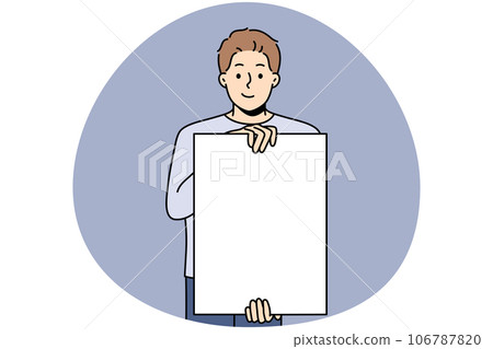 Smiling man holding white mockup poster Smiling man holding white mockup poster 106787820