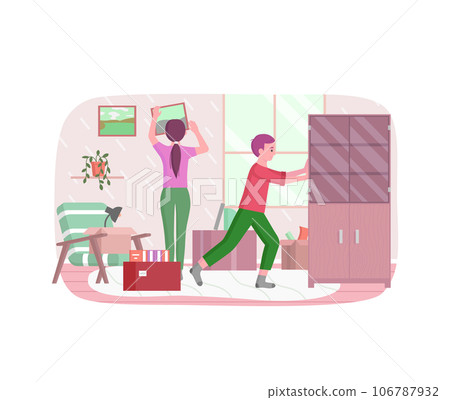 Family moving to new house, apartment. Changing place of residence, relocation, rental of premises concept. Young couple unpacking things after shipping, decorating home vector illustration 106787932