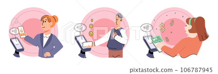 Cashless payment. Vector illustration. Mobile cashless options make it easy to pay on go using your smartphone Online and mobile payments offer convenience and flexibility for making transactions Cashless payment. Vector illustration. Mobile cashless options make it easy to pay on go using your smartphone Online and mobile payments offer convenience and flexibility for making transactions 106787945