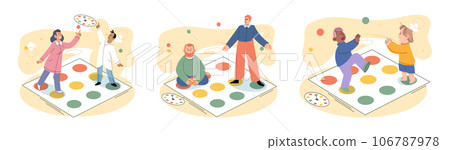 Game together. Family fun. Friendship time. Vector illustration. Engaging in game with loved ones fosters sense of belonging and unity People playing games together experience moments of shared Game together. Family fun. Friendship time. Vector illustration. Engaging in game with loved ones fosters sense of belonging and unity People playing games together experience moments of shared 106787978