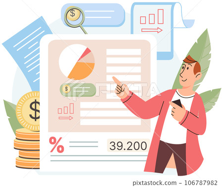 Businessman manages finances. Person calculating and analyzing personal or corporate budget, managing financial income, consulting with accountant, working with investment report, checks profit Businessman manages finances. Person calculating and analyzing personal or corporate budget, managing financial income, consulting with accountant, working with investment report, checks profit 106787982