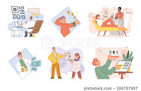 Cashless payment. Vector illustration. Mobile wallets cstore multiple payment methods for added convenience Online and mobile payment options are available 24 7, allowing for anytime transactions Cashless payment. Vector illustration. Mobile wallets cstore multiple payment methods for added convenience Online and mobile payment options are available 24 7, allowing for anytime transactions 106787987