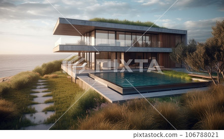 Design house - modern villa with open plan living and private bedroom wing. Large terrace with privacy and, swimming pool. Generative AI. 106788021
