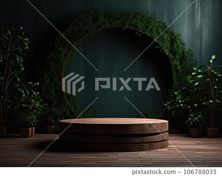 Green podium in modern tropical background for product placement 3d render. AI Generative 106788035