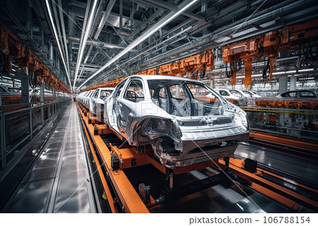 Automated robot arm assembly line manufacturing high-tech green energy electric vehicles. 106788154