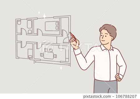 Man architect draws room plan apartment on virtual screen, choosing place for furniture in interior Man architect draws room plan apartment on virtual screen, choosing place for furniture in interior 106788207