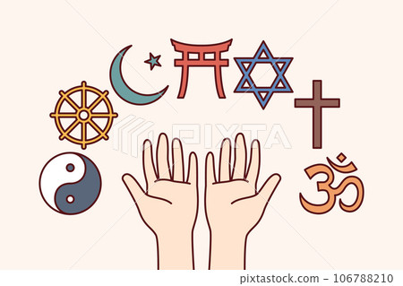 Symbols of religions and confessions near hands of person choosing best religion for worship Symbols of religions and confessions near hands of person choosing best religion for worship 106788210