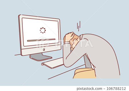 Business man suffers from computer breakdown and grabs head seeing progress bar on monitor 106788212