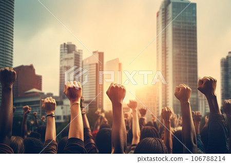 Protestors fists raised up in the air. Protestors fists raised up in the air. 106788214