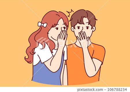 Little girl whispers in boy ear, telling secret news or sharing amazing gossip about classmates 106788234