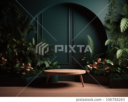 Green podium in modern tropical background for product placement 3d render. AI Generative 106788263