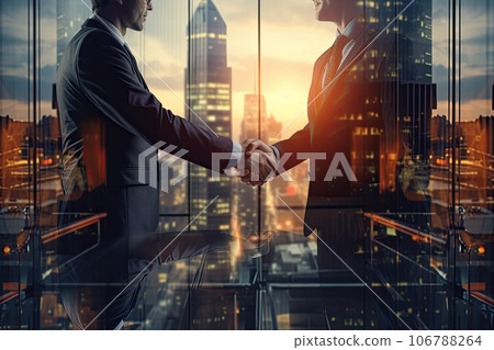 Silhouette of two influential men shaking hands in a backdrop of an office in sunset light. 106788264