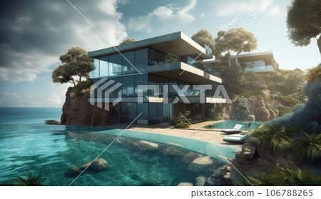 Design house - modern villa with open plan living and private bedroom wing. Large terrace with privacy and, swimming pool. Generative AI. 106788265