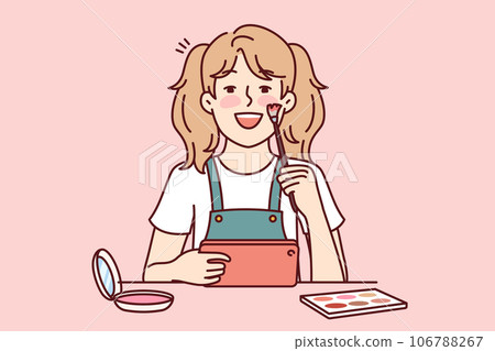 Little girl puts on makeup and puts on powder and shadows on face to look like mother 106788267