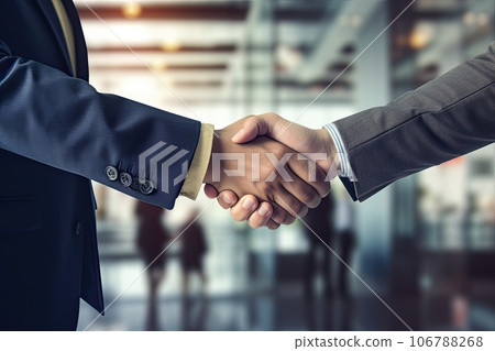 Silhouette of two influential men shaking hands in a backdrop of an office in sunset light. 106788268
